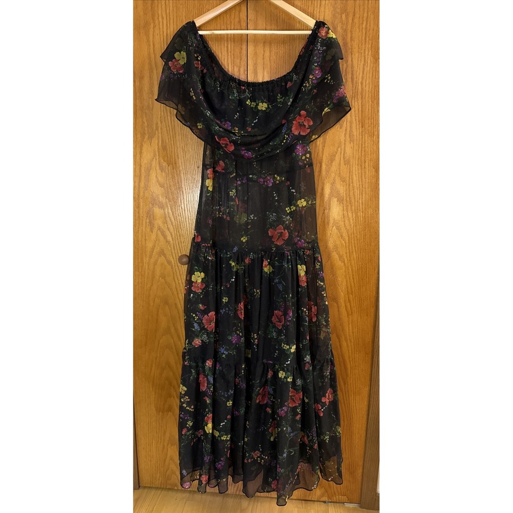VTG Swim Cover Up Dress Sheer‎ Black Floral Gothic Tiered Dark Romantic One Size